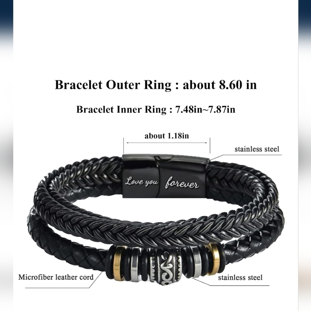 Black Leather Bracelet with Silver Accents 8.5" In Case